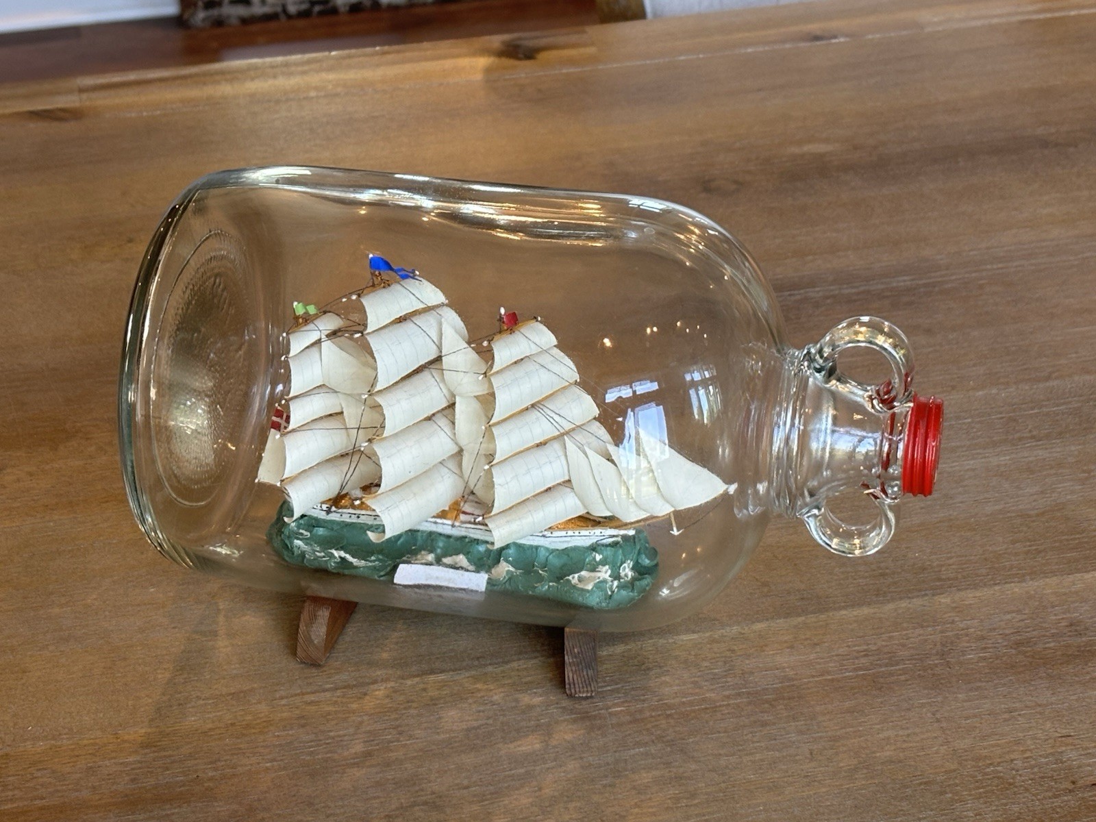 Vintage SHIP IN A BOTTLE Training Ship “DANMARK” Tall Ship Wood Sail Boat 12”x8”