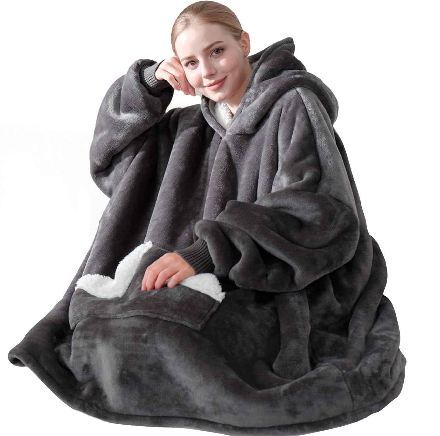 Touchat Wearable Blanket Hoodie, Oversized Sherpa Fleece One Size, A Grey Touchat Wearable Blanket Hoodie, Oversized Sherpa Fleece One Size, A Grey