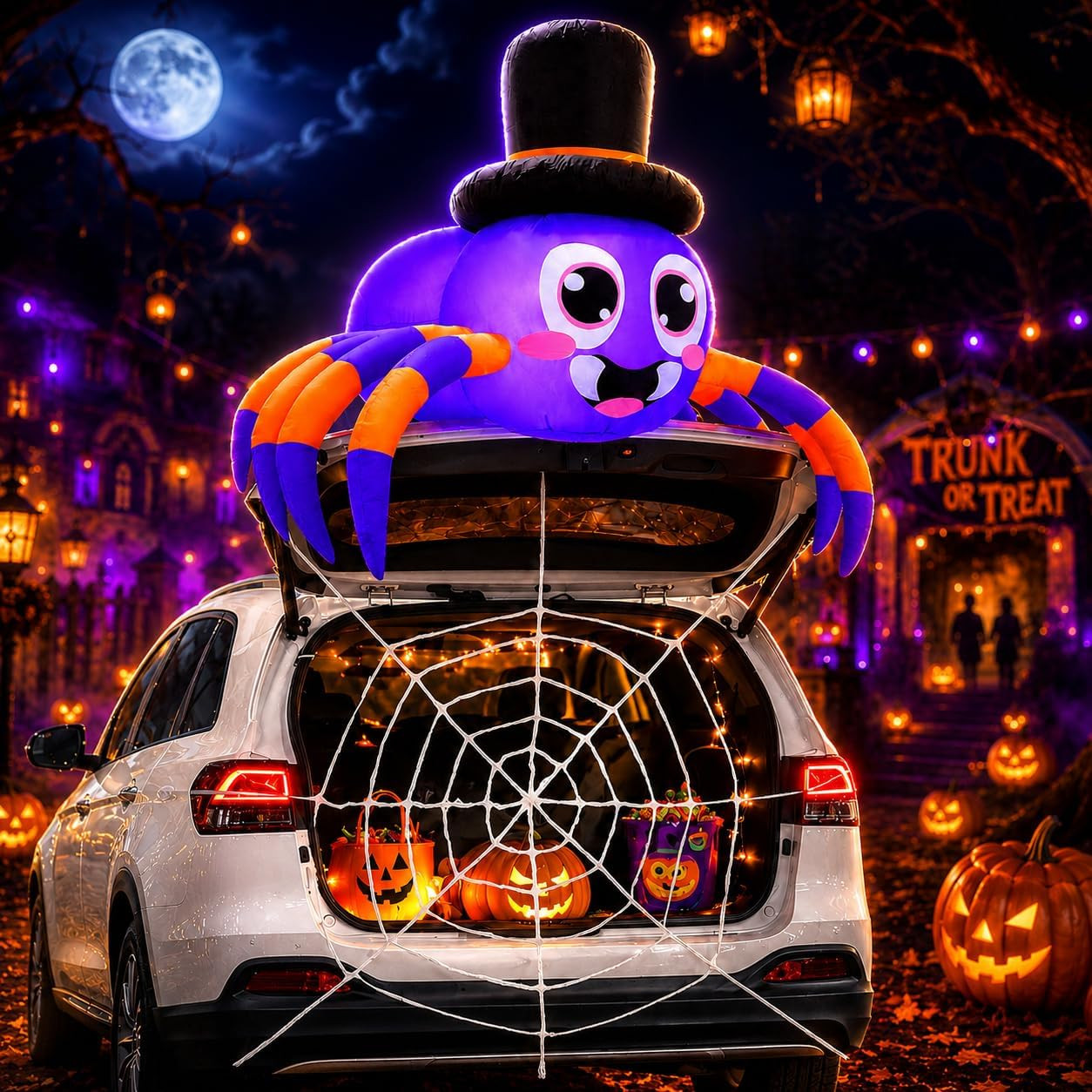 5Ft Lighted Trunk or Treat Car Decorations Kit Inflatable Spider with Web