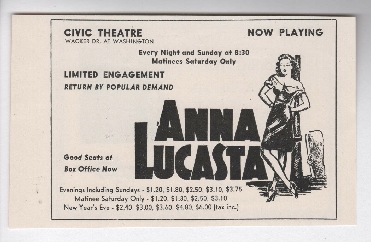 Vintage 1940\'s Civic Theatre Wacker Dr. - Anna Lucasta - 1946 Show Ad