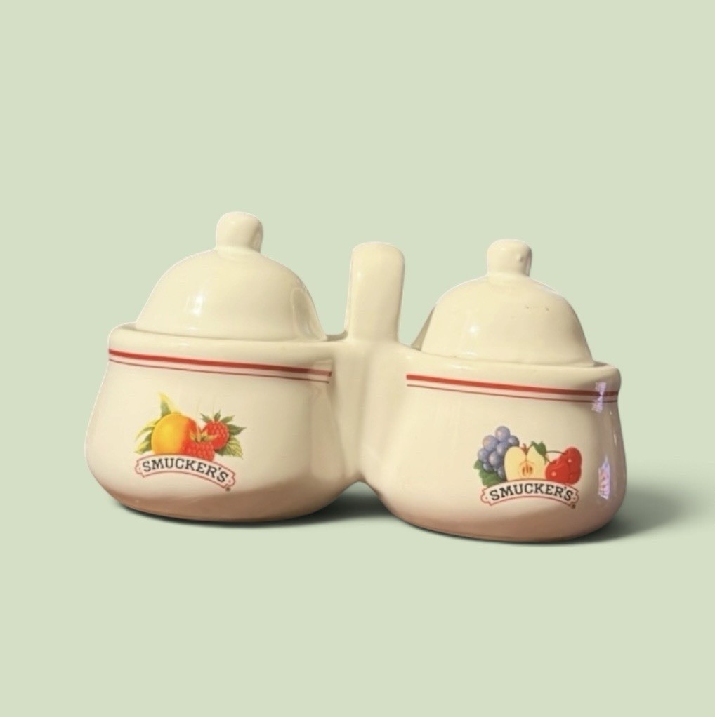 Vintage~1970s~Smucker’s~ Jam or Jelly Server Set~Ceramic~Lids~ White with Fruit