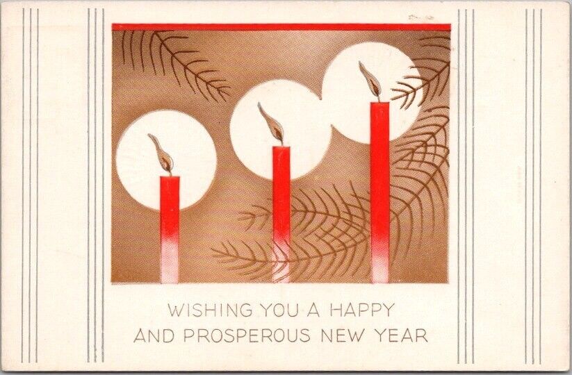 c1910s Art Deco HAPPY NEW YEAR Embossed Greetings Postcard Red Candles / UNUSED