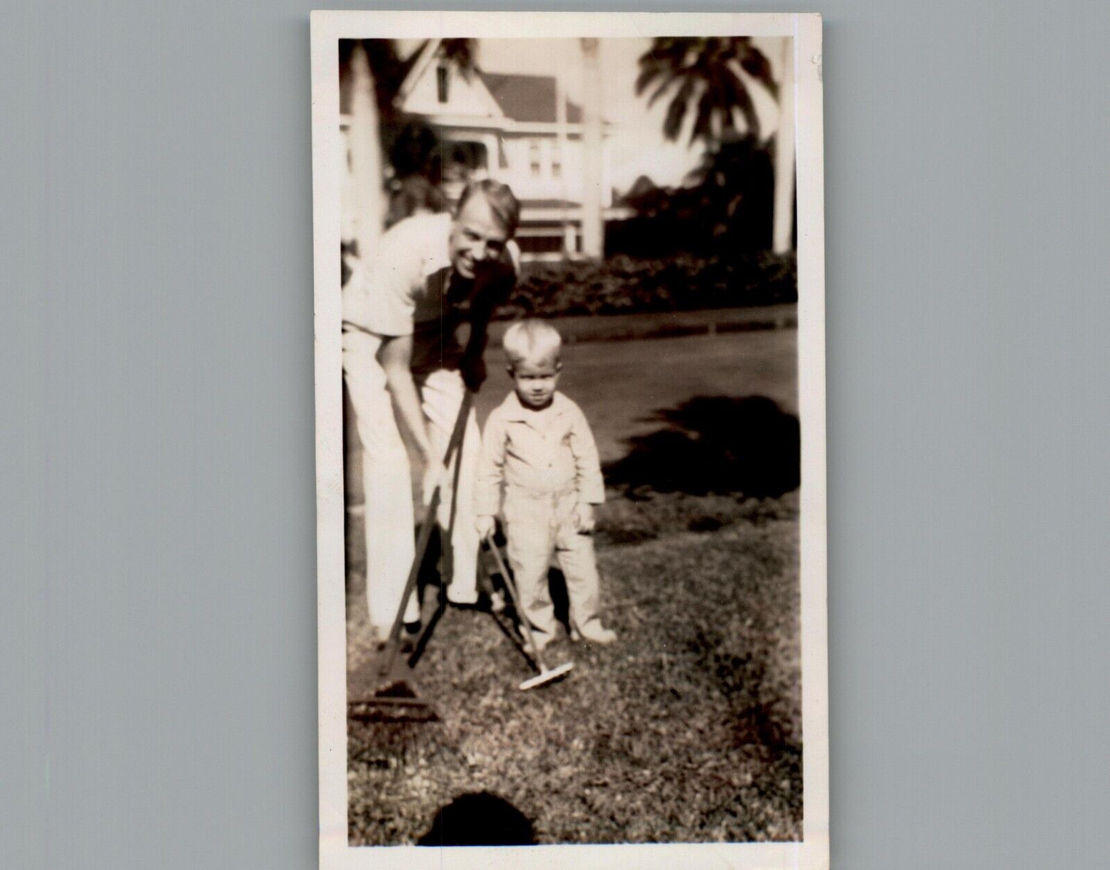 Antique 1940\'s Yard Work With Dad - Black & White Photography Photo