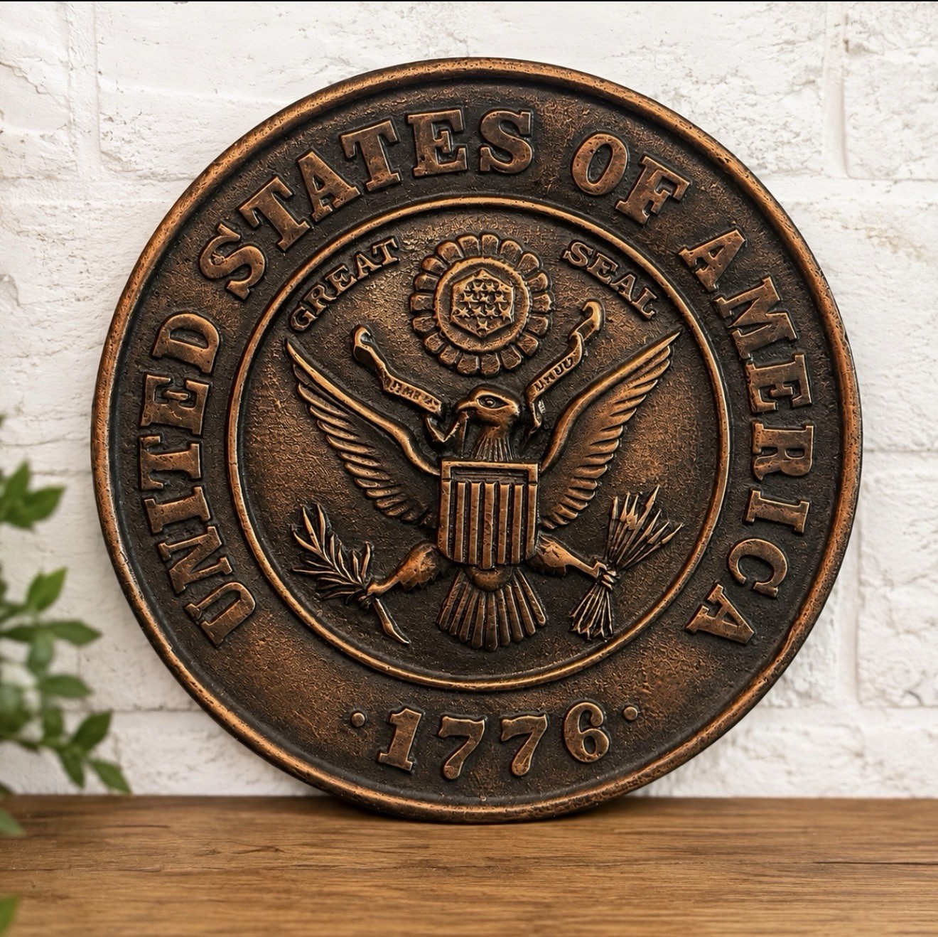 Vintage USA Great Seal Federal Eagle Ceramic Wall Plaque 1776 8.25” Copper