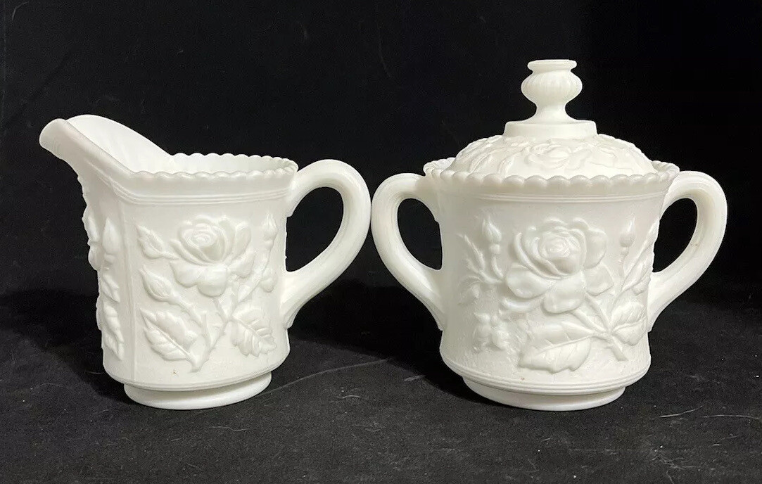 Imperial Milk Glass Creamer & Sugar Bowl Doeskin Satin Rose Vintage