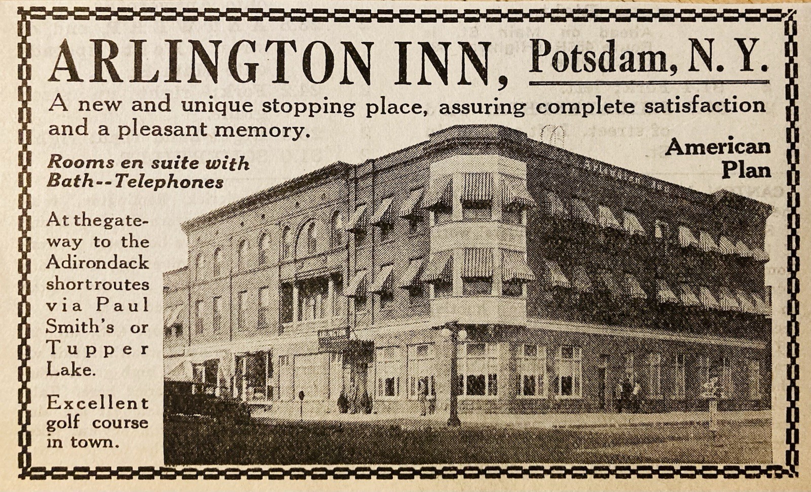 1926 AD.(PC9)~ARLINGTON INN HOTEL, POTSDAM, NY. WITH TELEPHONE AND BATH 1926 AD.(PC9)~ARLINGTON INN HOTEL, POTSDAM, NY. WITH TELEPHONE AND BATH