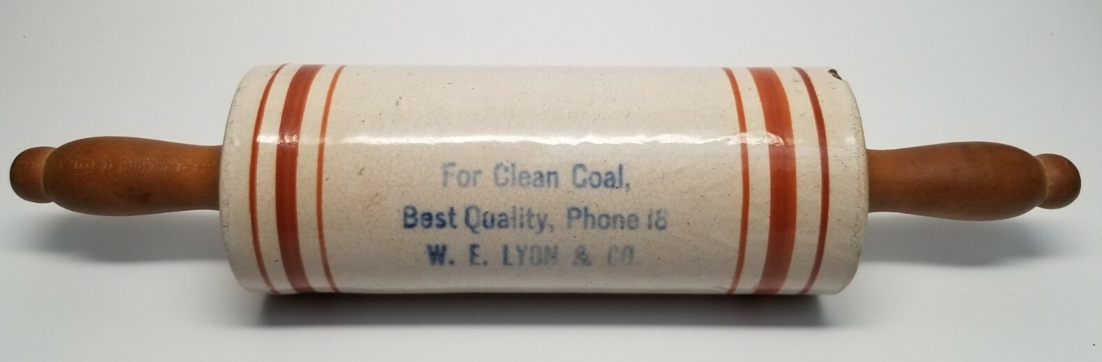 Antique Advertising Stoneware Rolling Pin W. E. LYON & CO. - Carthage, ILLINOIS 
