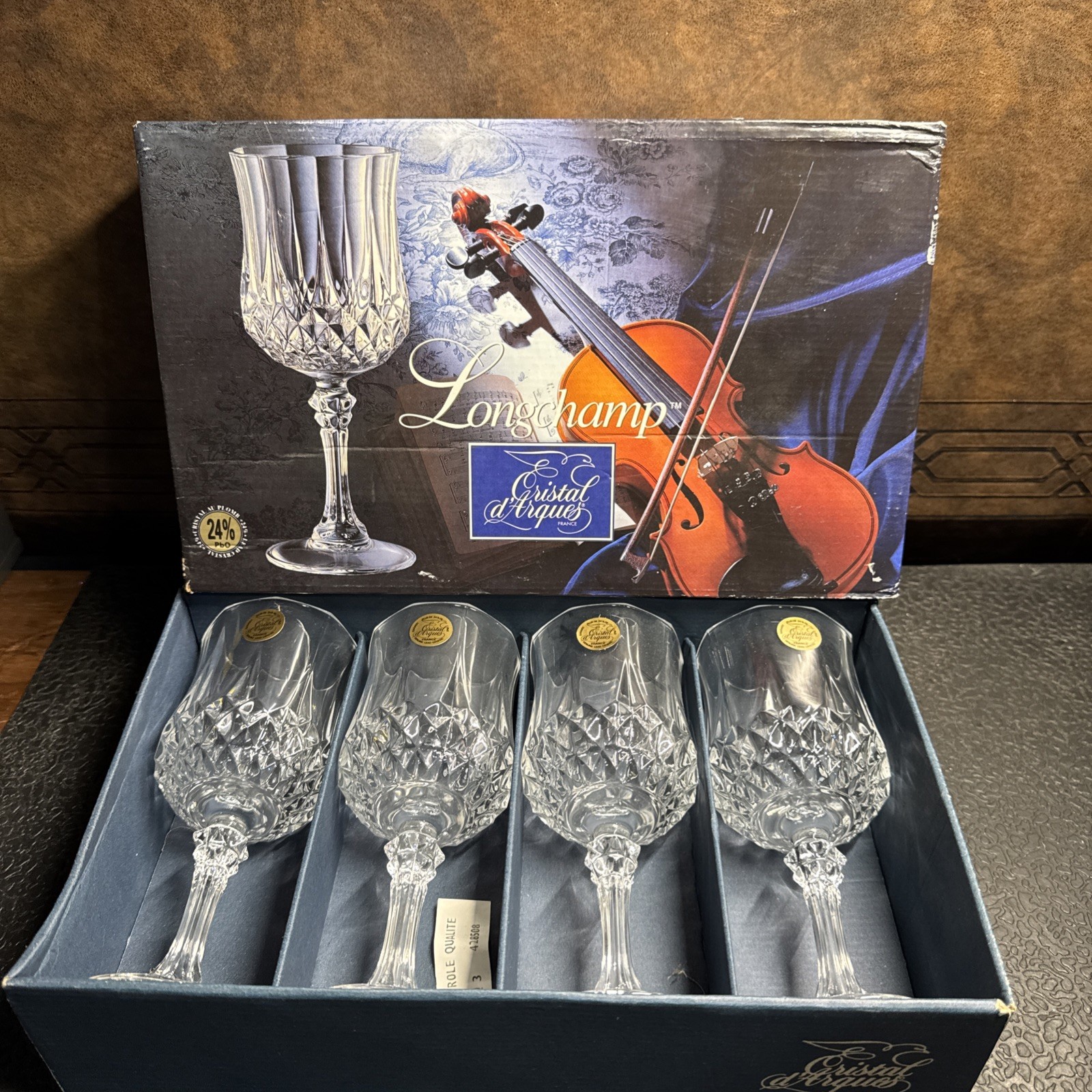 VTG French Cristal D'Arques LONGCHAMP Set/4 Crystal Wine Glasses w/box 5.75 oz