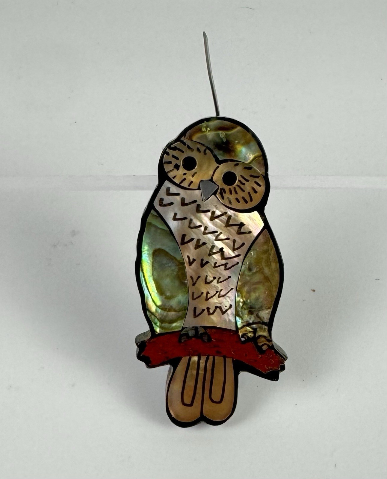 Vintage Abalone Shell Owl Brooch Pin Handcrafted Inlay Artisan 2”