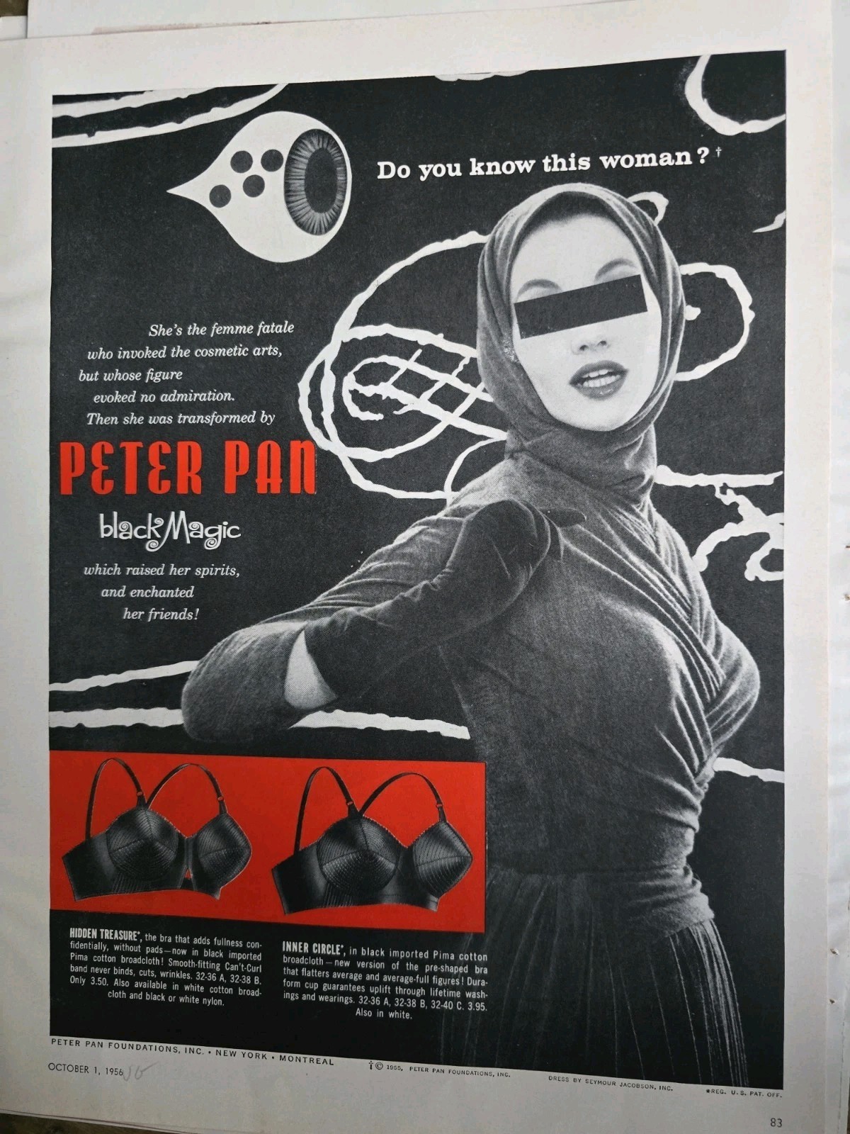 1956 Women\'s Peter pan black magic bra Vintage Fashion Ad 