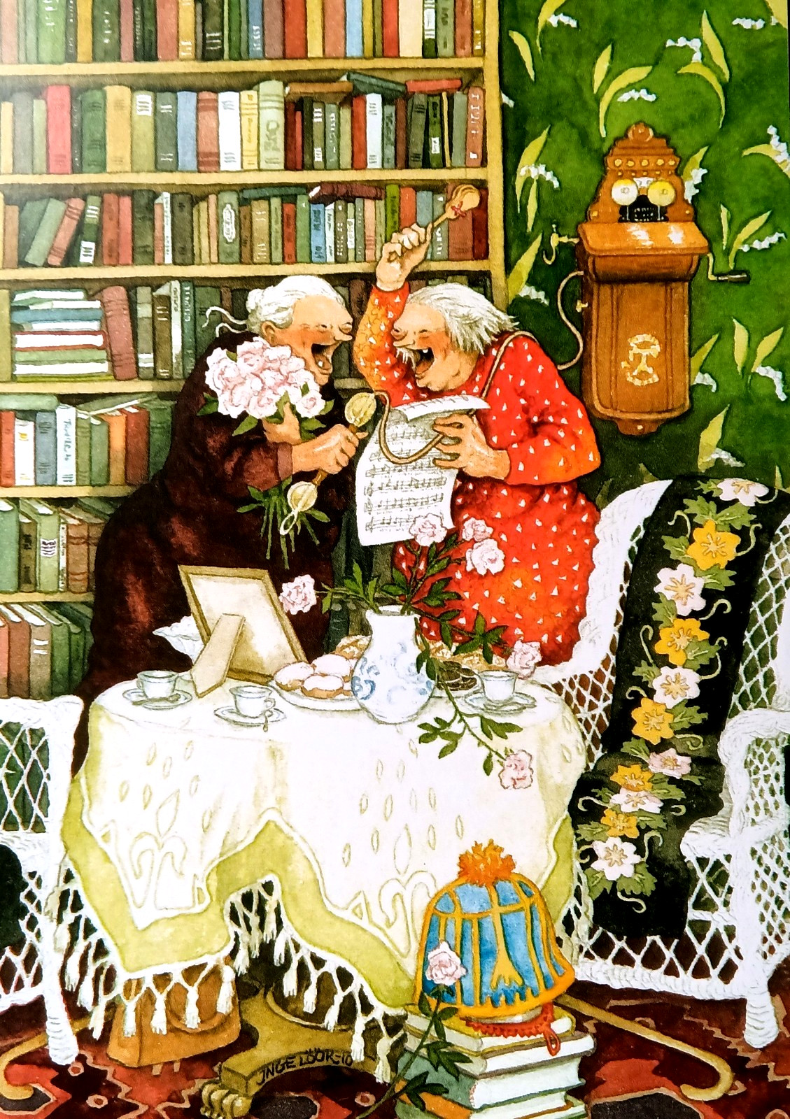 Postcard Two Old Ladies Aunties Sisters Singing Wall Phone Fun Inge Look Finland