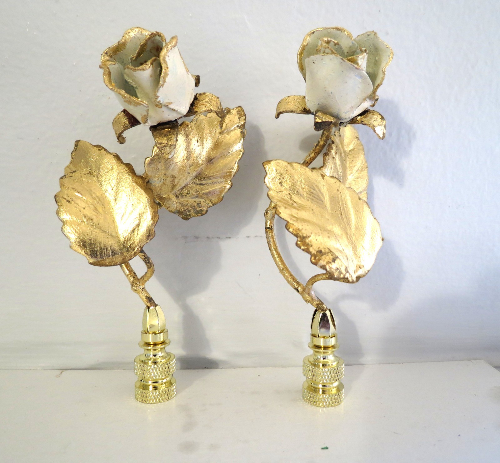Vintage Italian Gold Tole Rose Finials Pair in Brass Bases, LUXE CHIC MCM Vintage Italian Gold Tole Rose Finials Pair in Brass Bases, LUXE CHIC MCM