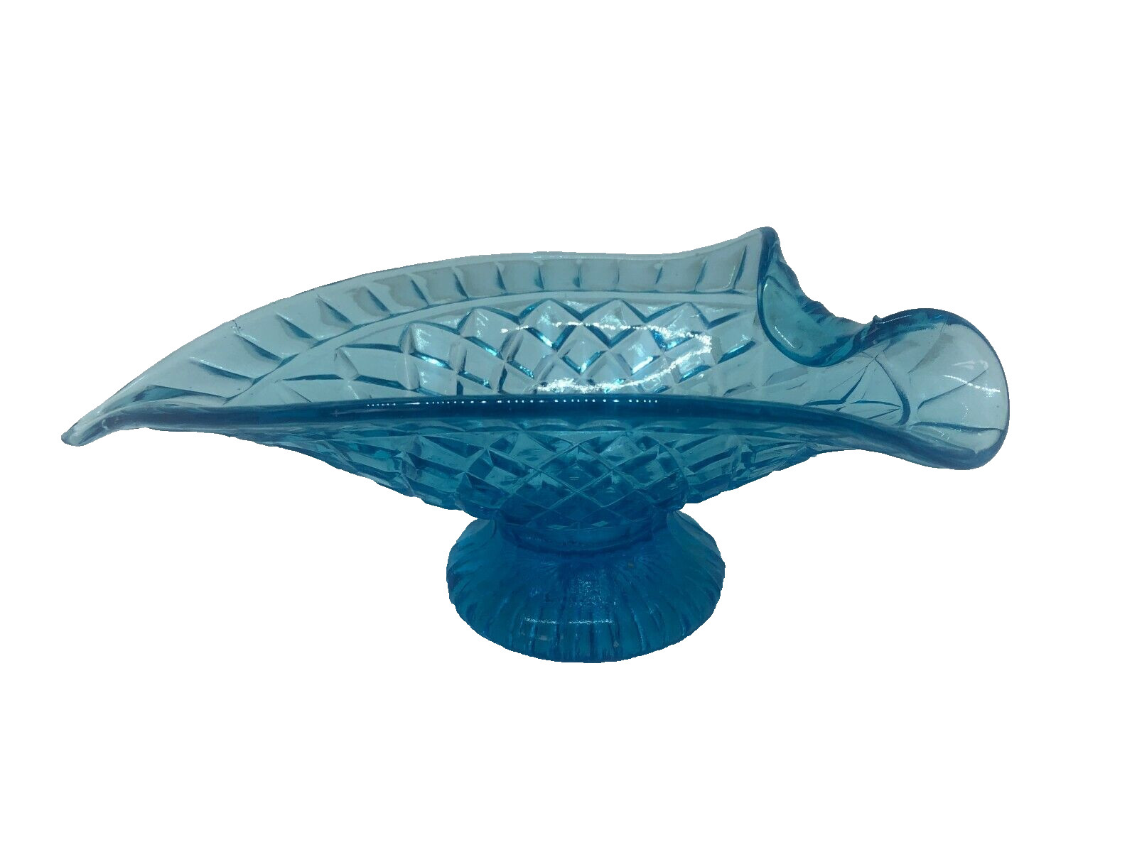 Folded Stretch Blue Glass Pedestal Glass Dish Decor Candy Relish Vintage