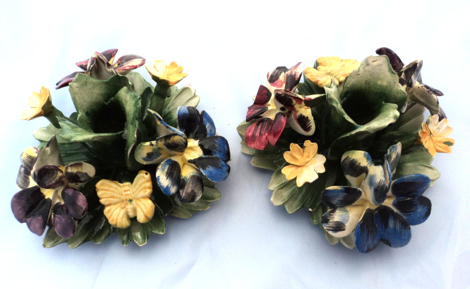 VTG MCM Pair Capodimonte Porcelain Flower Candle Holders Butterflies & Pansies