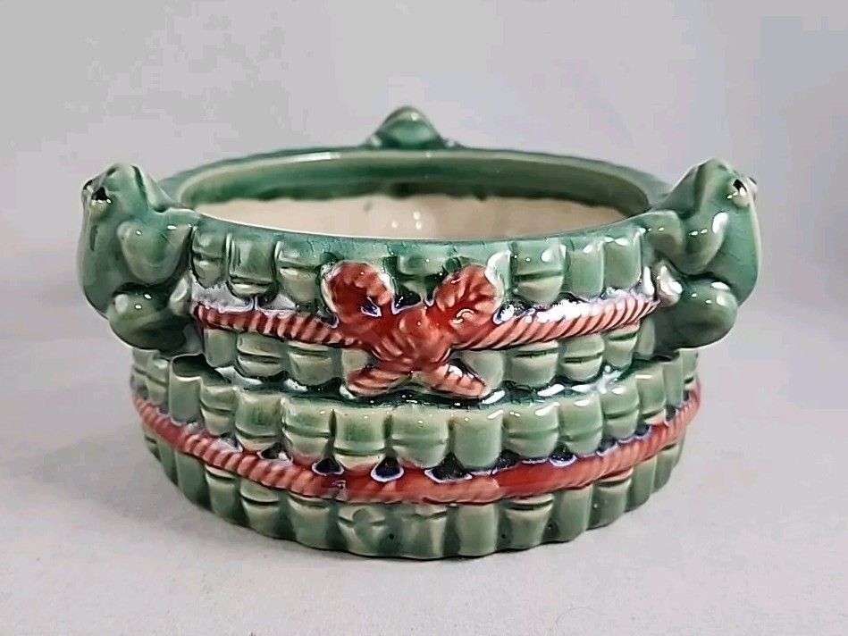 Toad Frog Bambo Ceramic Planter Rope Bow Green Red Round - 6\