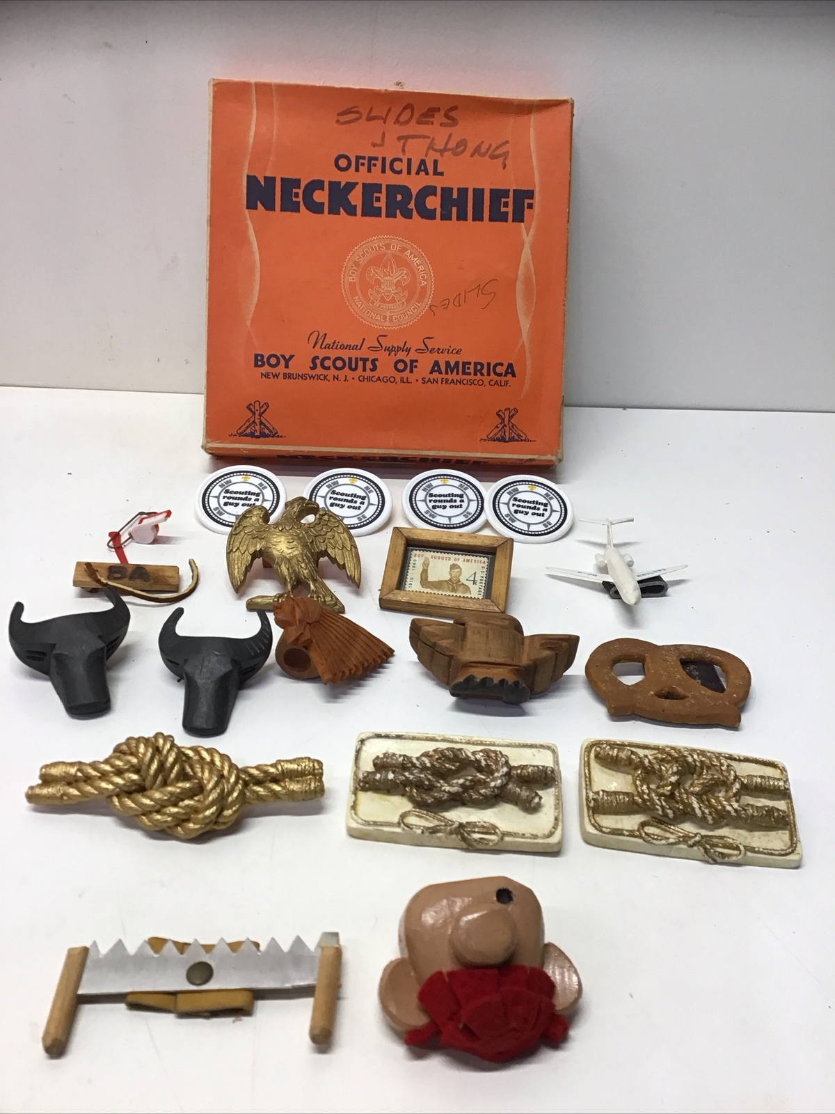 17- Older Boy Scouts Neckerchief Slides In Neckerchief Box,A Few Rarer Ones LOOK