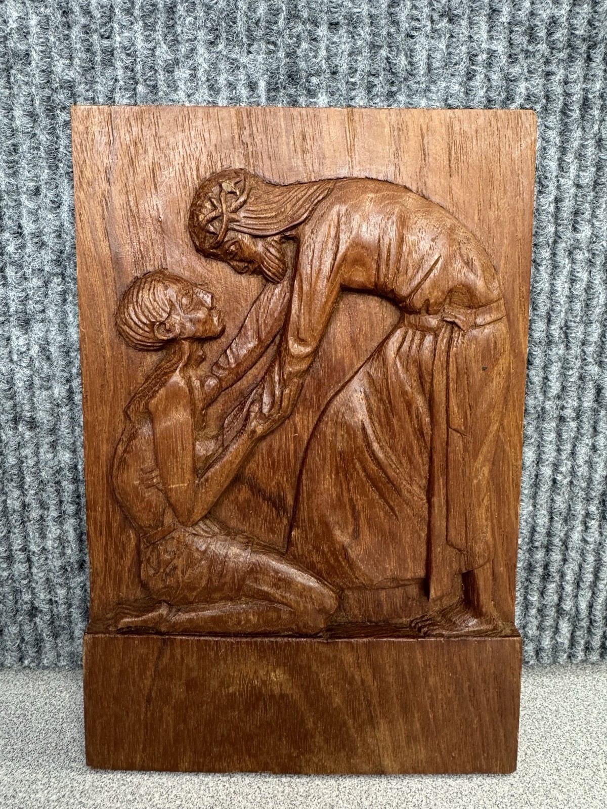 Vintage Hand Carved Wood Jesus Healing Leper Relief Wall Plaque