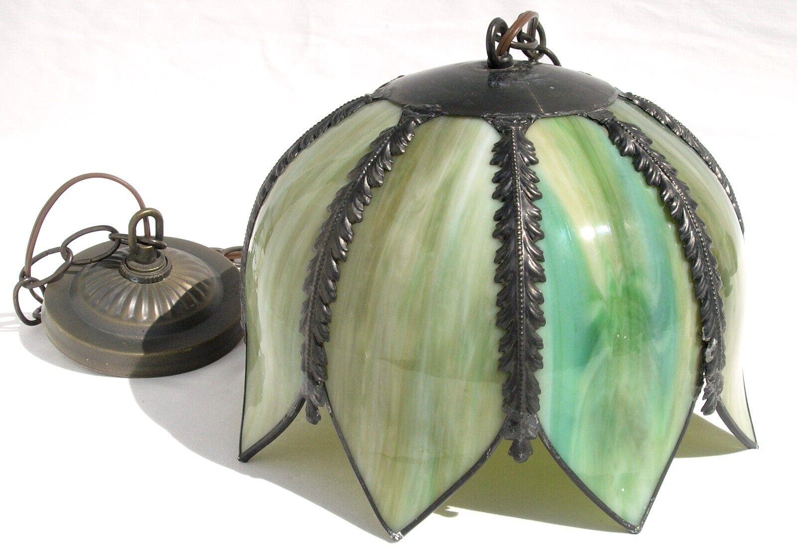 Vintage Green Slag Glass Tulip Shade Hanging Ceiling Light Lamp