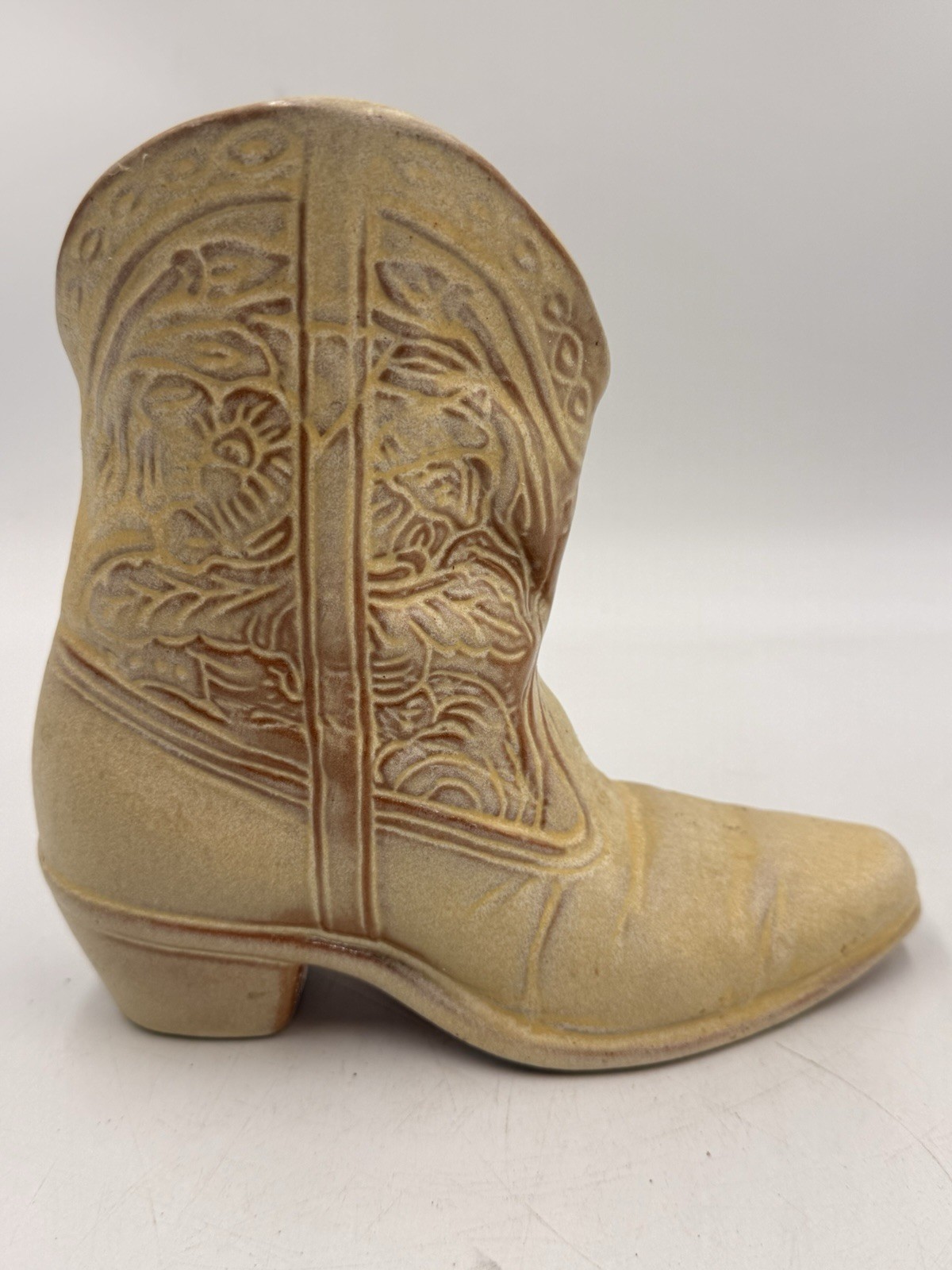 Vintage Frankoma Pottery 7” Light Brown/Tan Wall Pocket Cowboy Boot Planter Vase