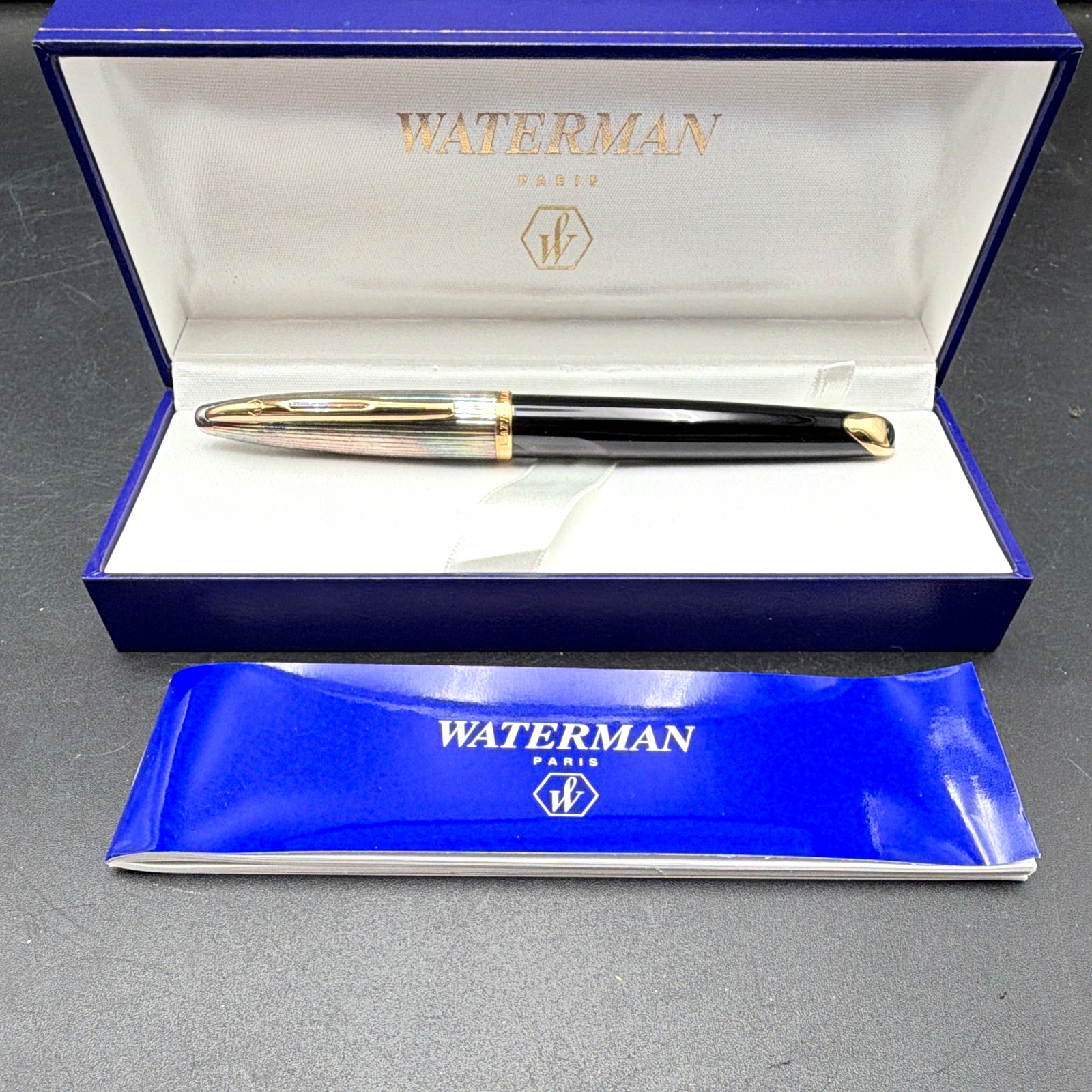 Waterman Paris Carène Deluxe Fountain Pen Black GT 18K Gold M Nib NEW w / Box 