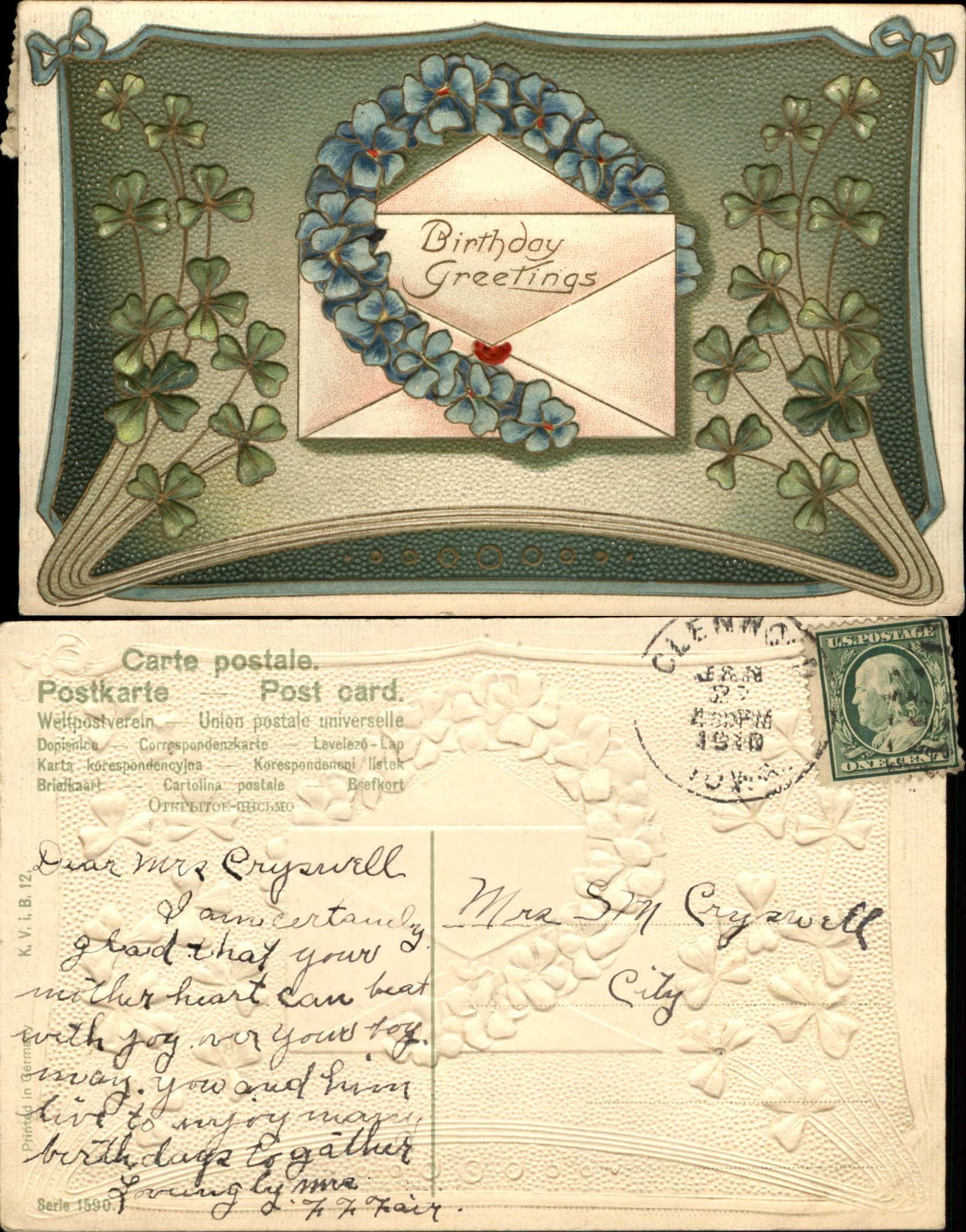 Birthday vintage Art Nouveau beautiful shamrocks horseshoe 1910 to Cryswell