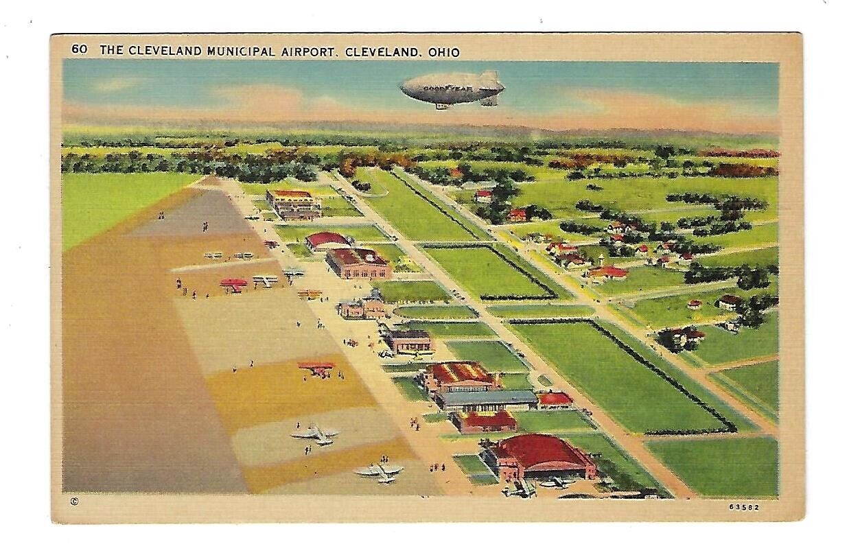 Aviation Postcard WWll Cleveland Municipal Airport Good Year Military Linen