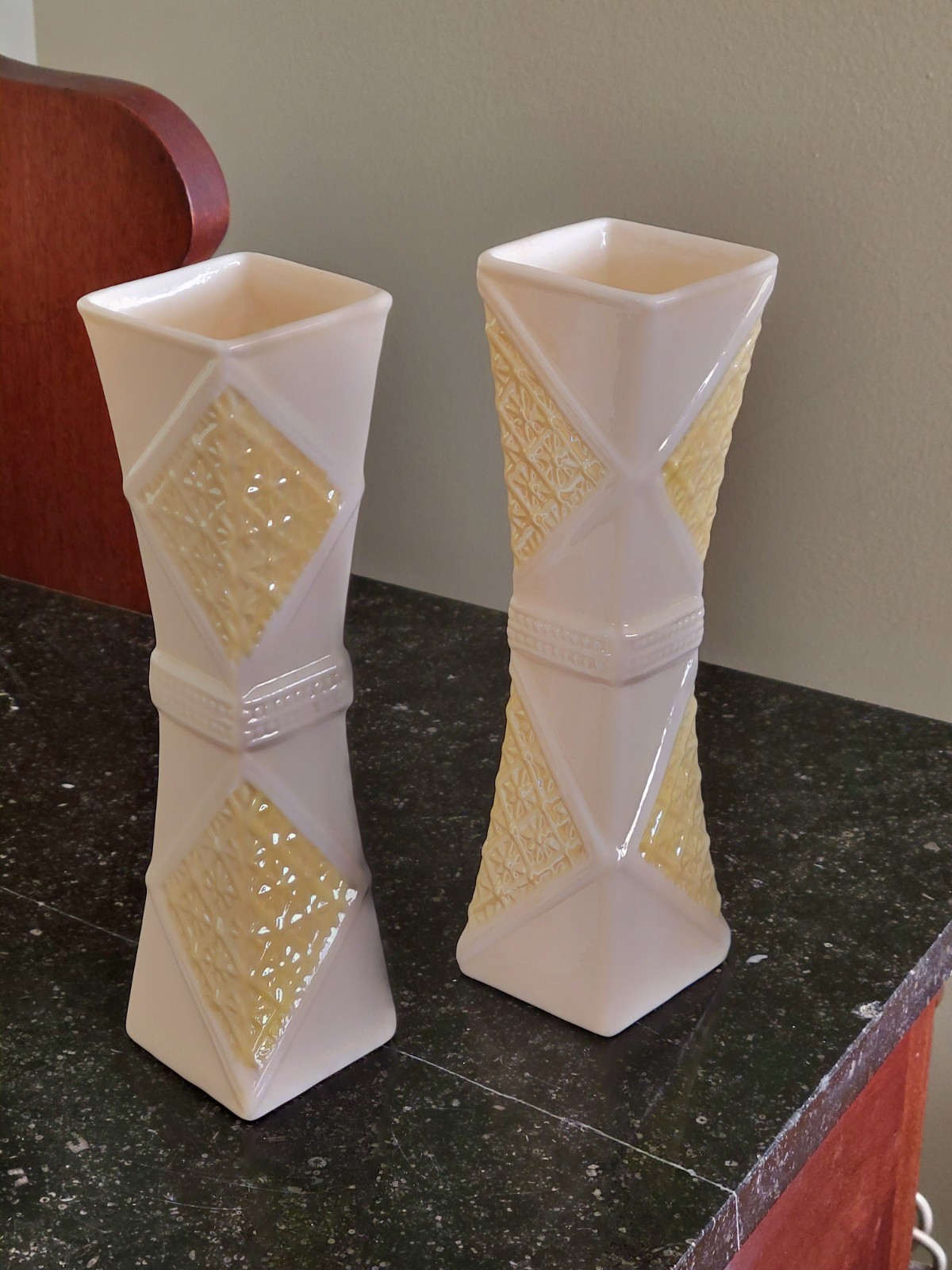Vintage Belleek Ireland Parian China Diamond Vase Pair Cream Yellow Lustre 8