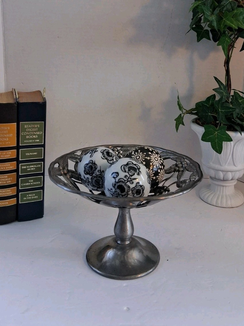 Vintage Silver-Plated Compote Dish with 3 Black & White Decorative Orbs