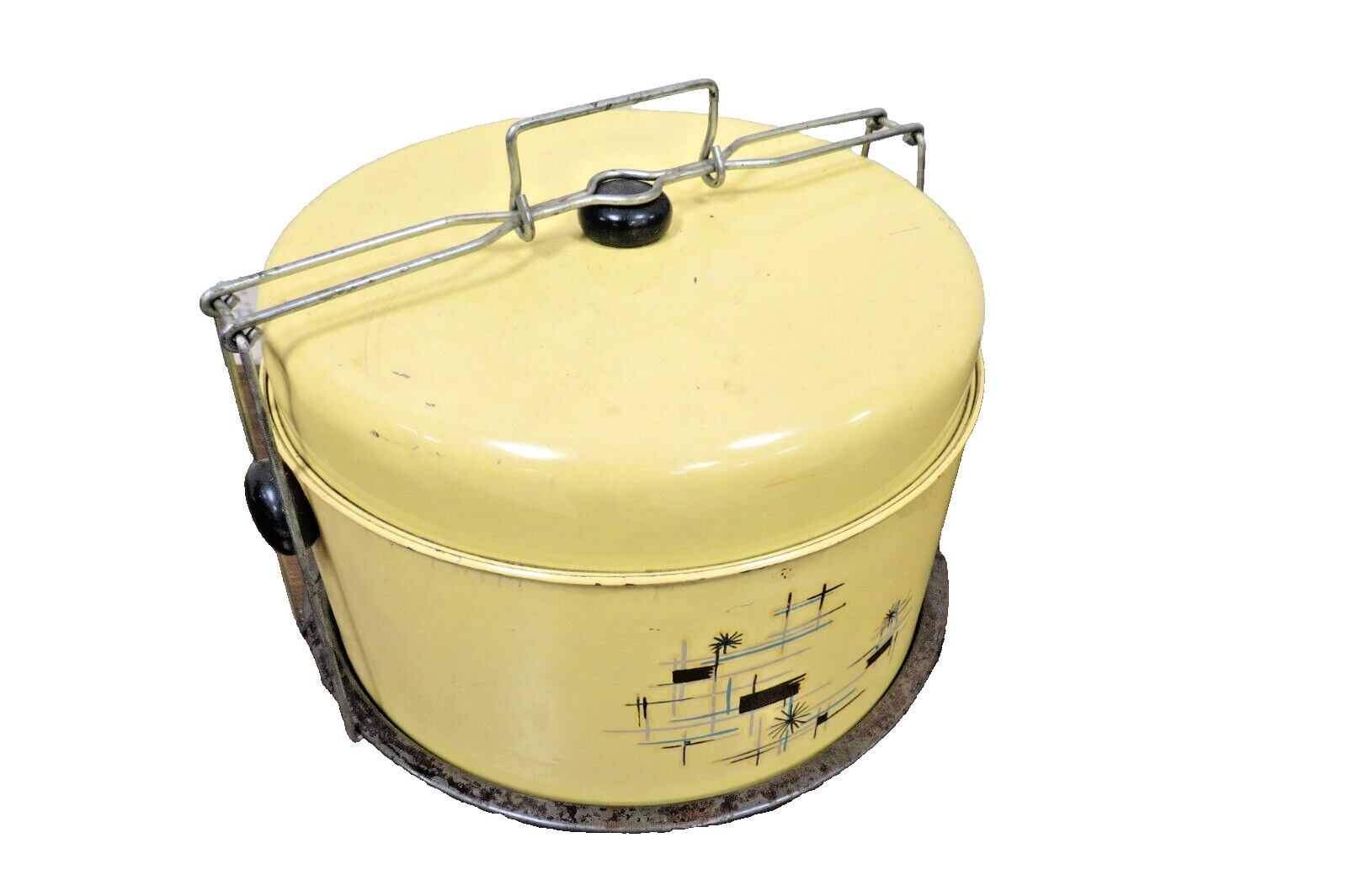 Vintage Mid Century Yellow Cake & Pie Carrier Atomic Starburst Two-Tiered MCM