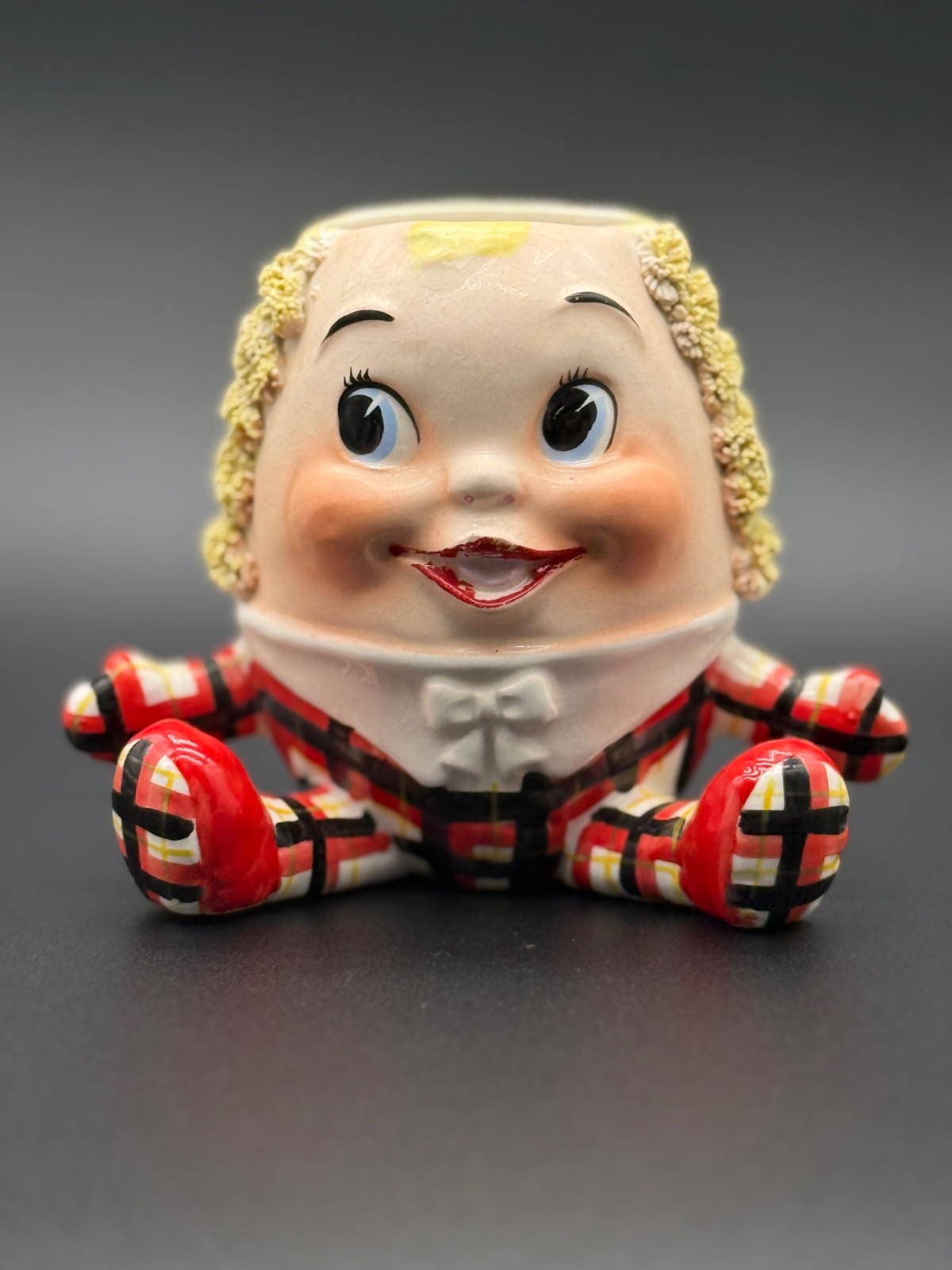Vintage Lefton Humpty Dumpty Planter Spaghetti Hair Plaid Ceramic 1950s Japan
