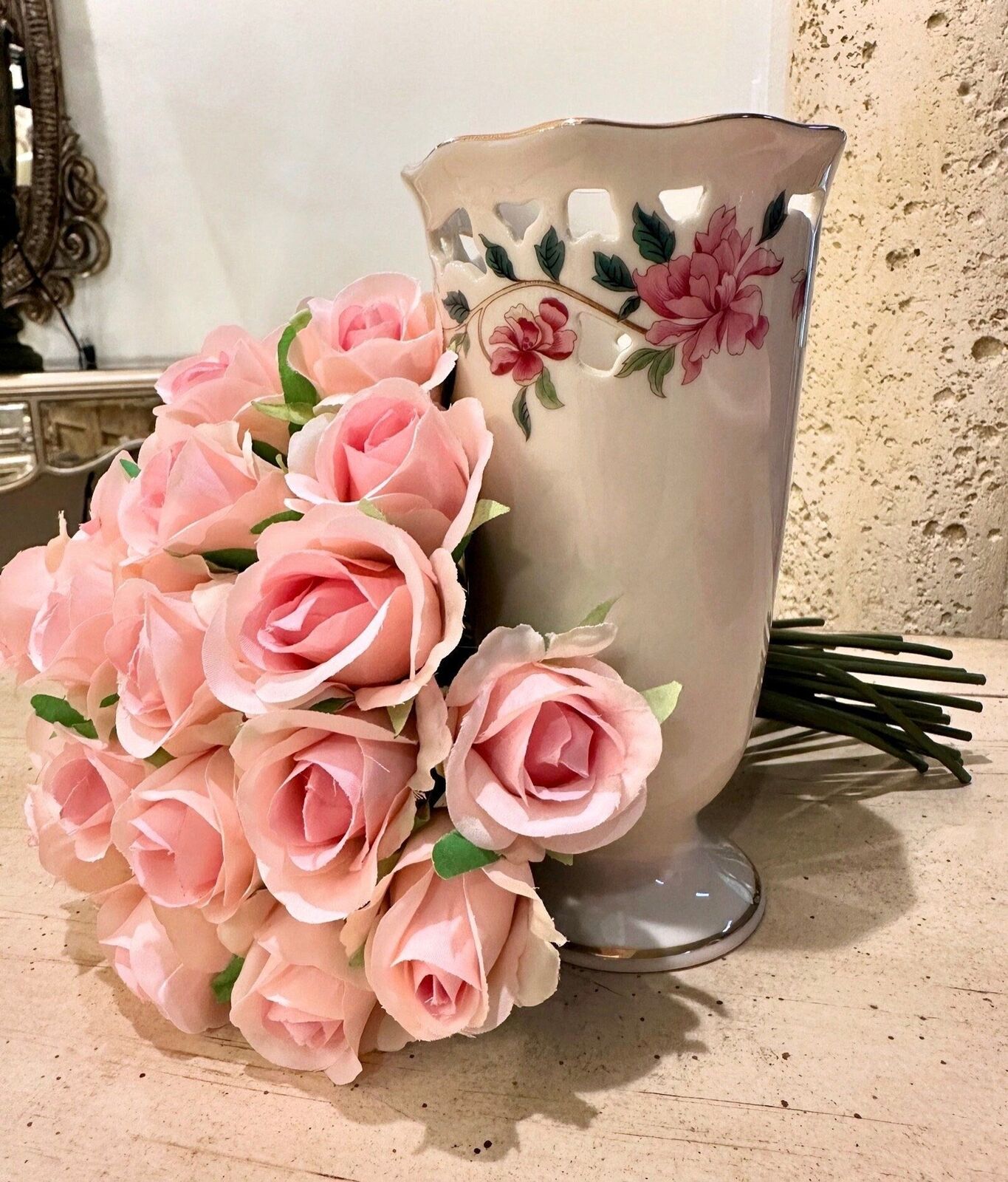 Vintage Lenox Barrington Collection Pink Floral Vase with Gold Trim