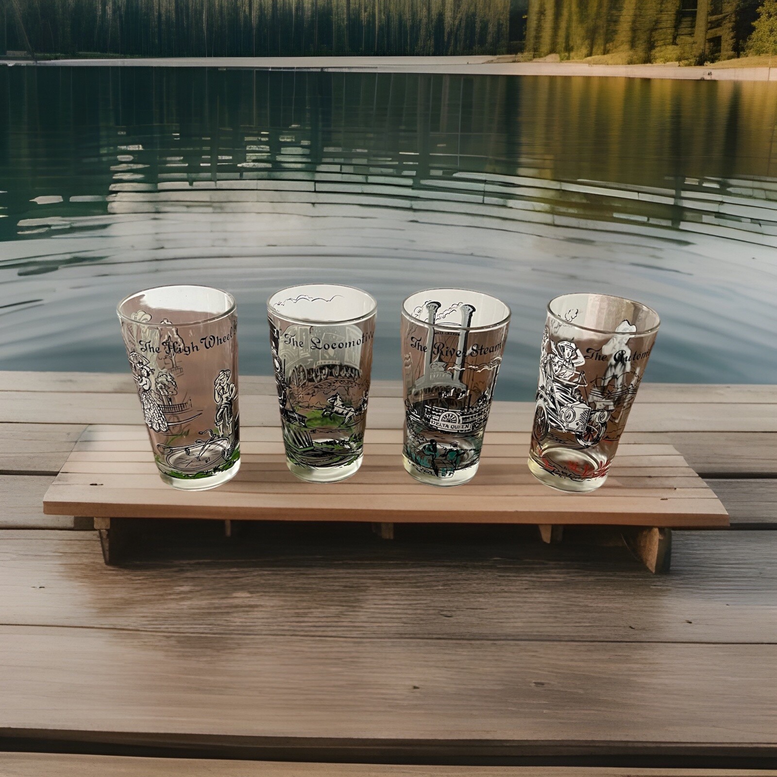 Vintage Hazel Atlas Transportation Glasses Set of 4 Steamboat, Auto, Bike, Train