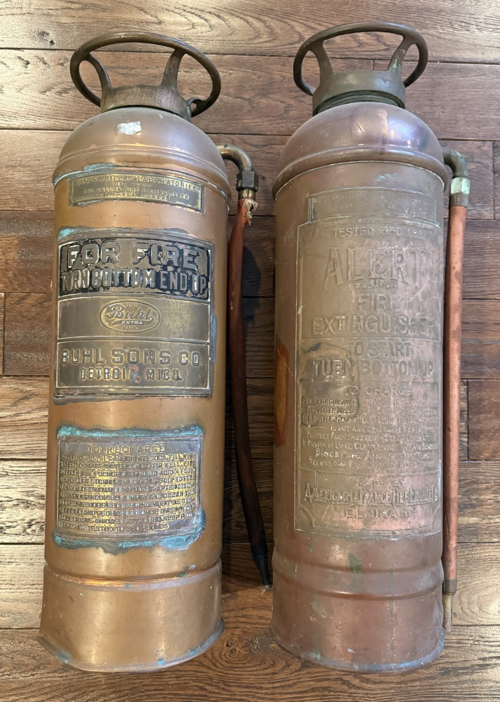 ✨2 Vintage Patina Buhl Alert Copper Brass Fire Extinguishers Original Ship Fast✨