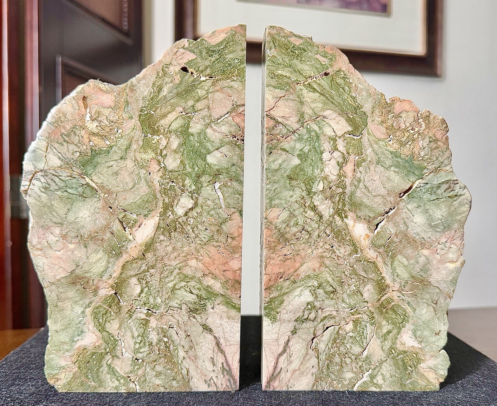 Beautiful Pair Of Polished Green Rhyolite Or Jasper Bookends With Felt Bottoms