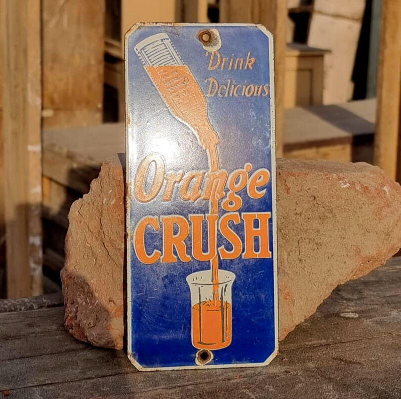 Vintage Old Antique Rare Drink Orange Crush Embossed Porcelain Enamel Sign Board