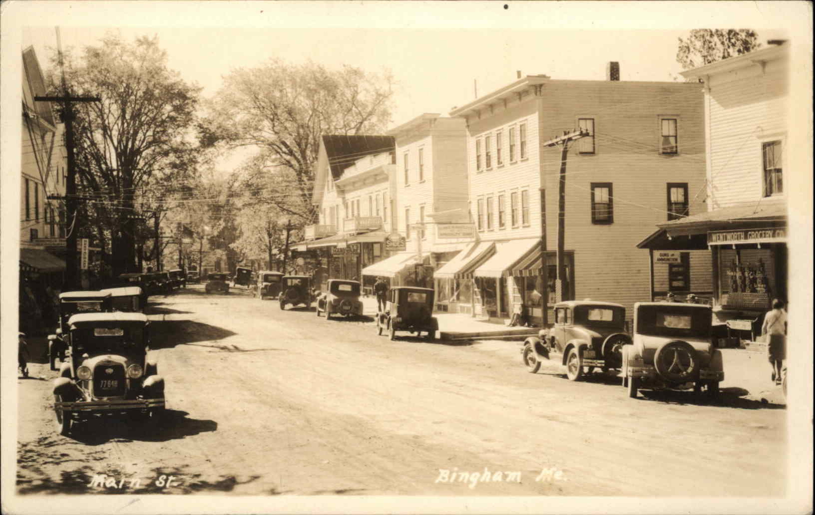 Bingham ME Street Scene w/ Cars & Stores Real Photo Postcard