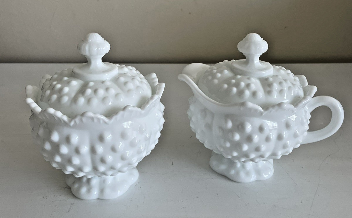 VTG Fenton Hobnail Milk Glass Scalloped Cream and Sugar Set Lids White Pre-Logo