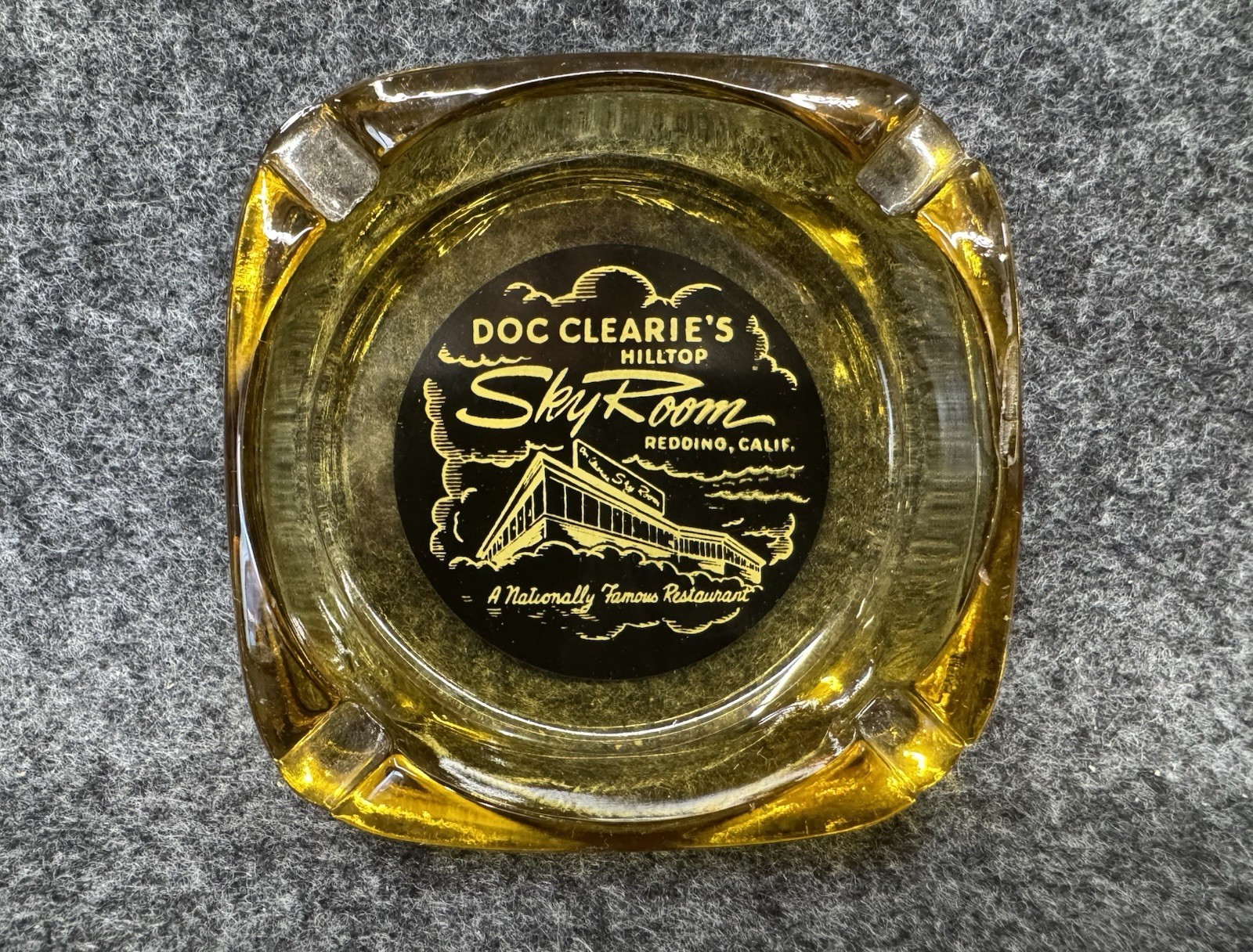 VTG Doc Clearie's Hilltop Sky Room Restaurant ~ Redding CA Ashtray ~ Amber Glass VTG Doc Clearie's Hilltop Sky Room Restaurant ~ Redding CA Ashtray ~ Amber Glass
