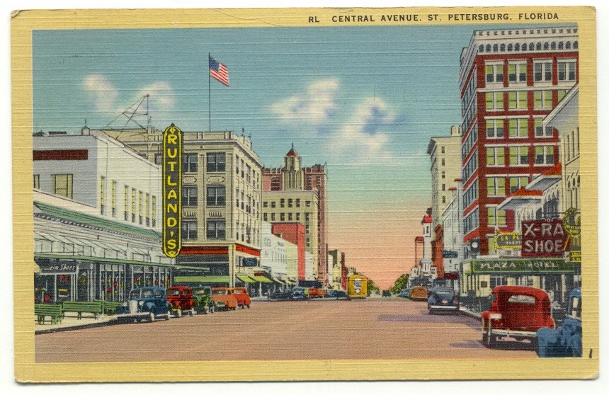 St. Petersburg FL Central Ave. Store Fronts Linen Postcard Florida
