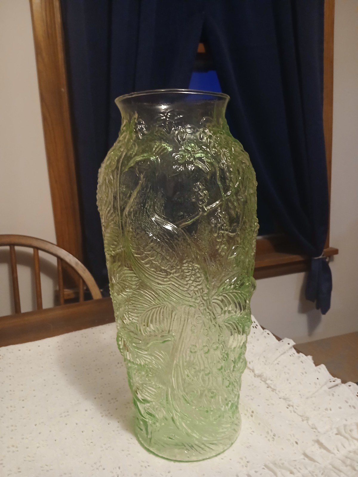 Vintage Indiana Glass Chantilly Green Peacock Vase 14.75 Tall