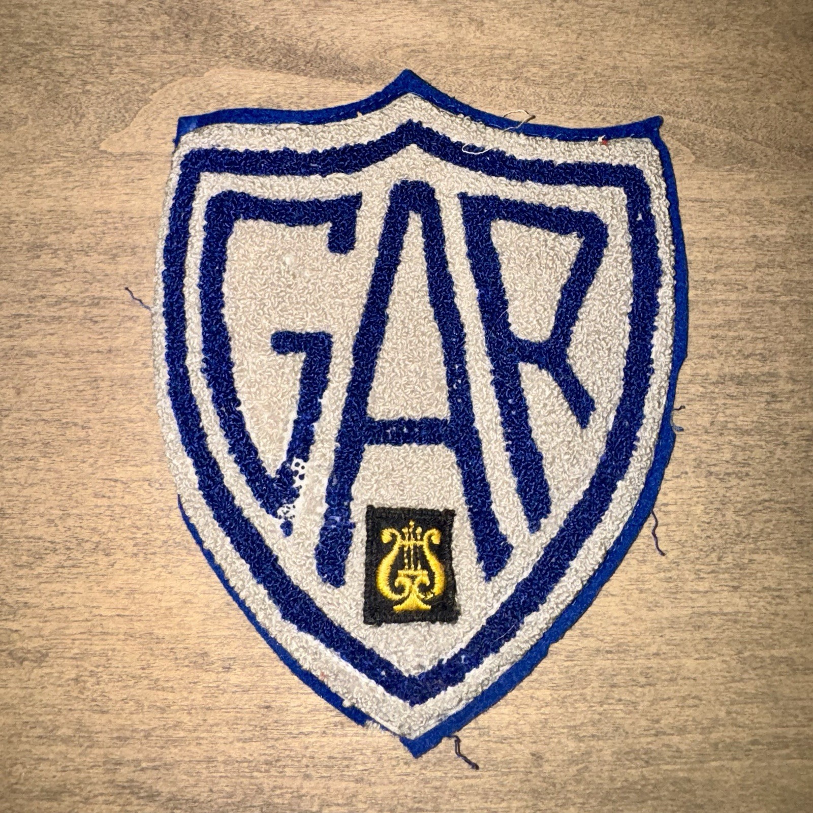 Vintage GAR Blue White Chenille Letterman Jacket Patch Shield Music Lyre Band 7