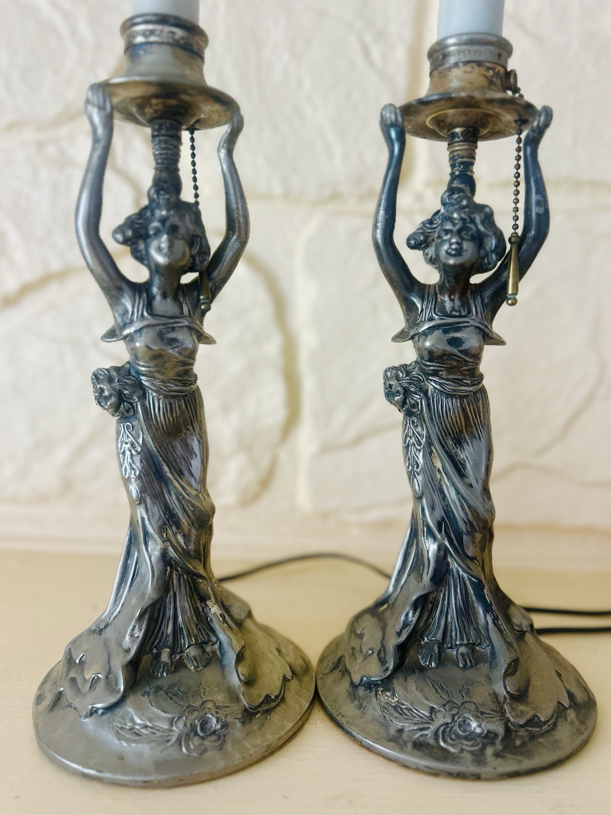 GORGEOUS Set Meriden Britannia Art Nouveau Figural Candlestick Electrified Lamps