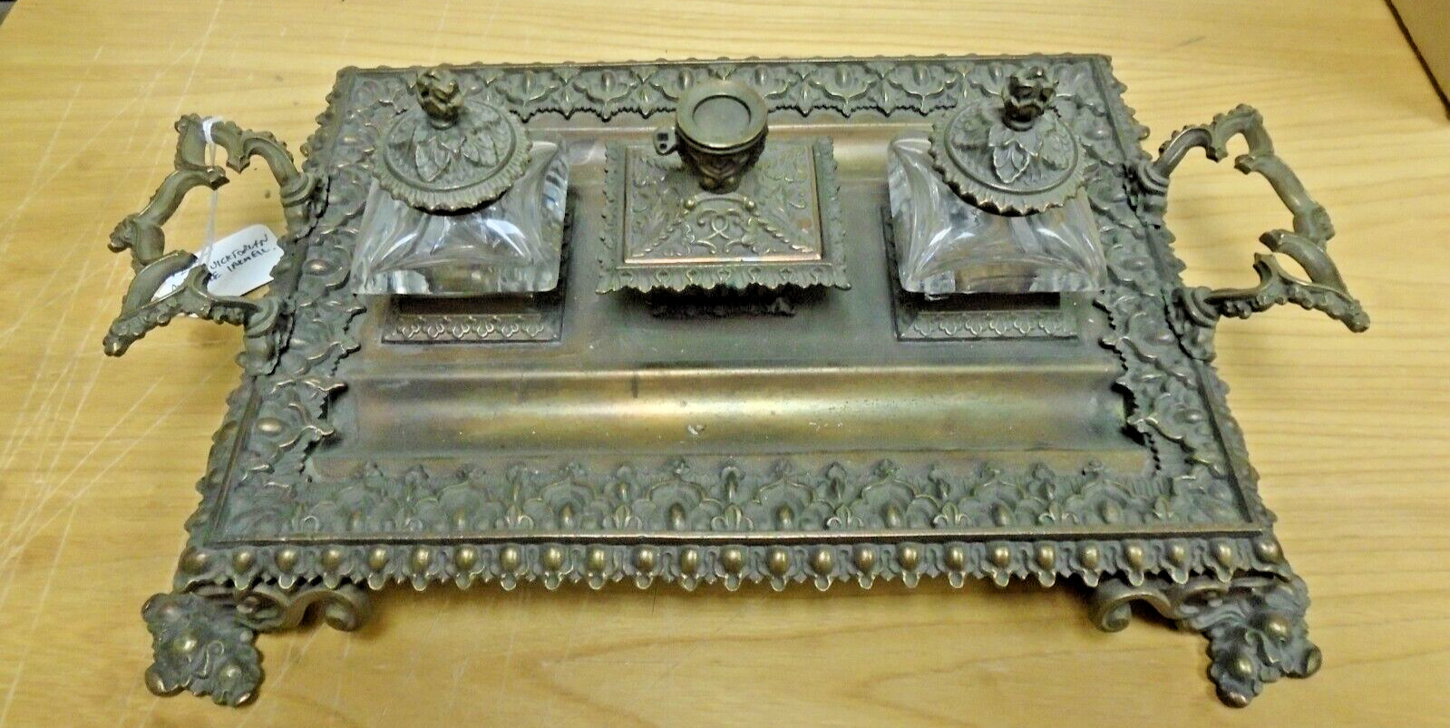 Antique Victorian Bronze Inkwell with gorgeous detail glass wells