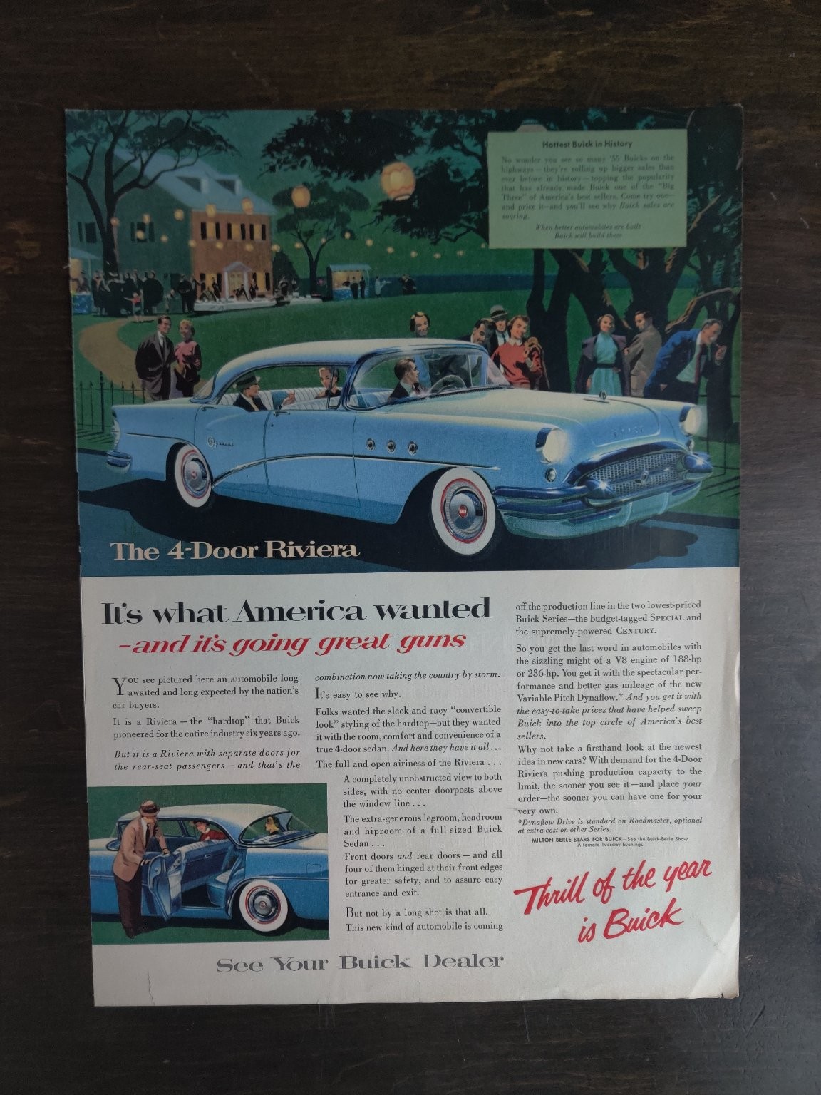 Vintage Buick 1955 4-Door Riviera Blue Sedan Classic Car Full Page Original Ad