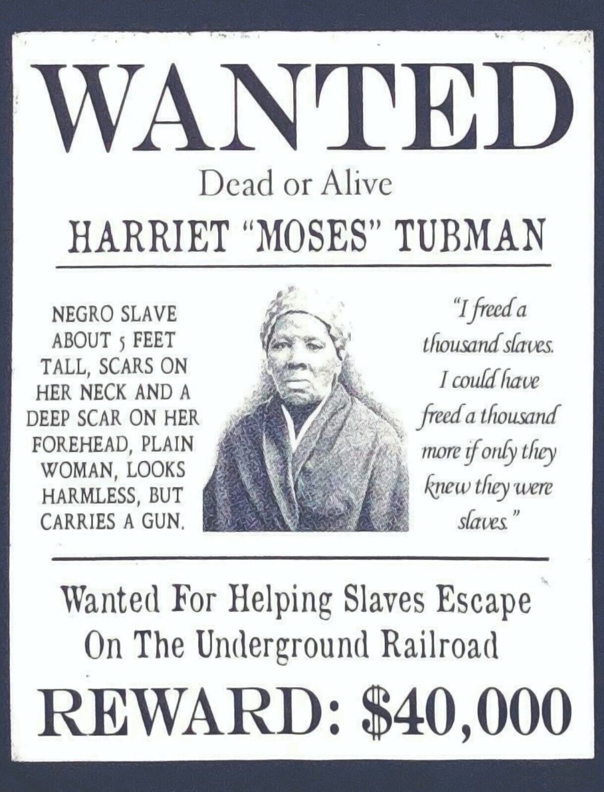 HARRIET MOSES TUBMAN PHOTO 8.5X11 WANTED POSTER REWARD NEGRO SLAVE 1885 REPRINT