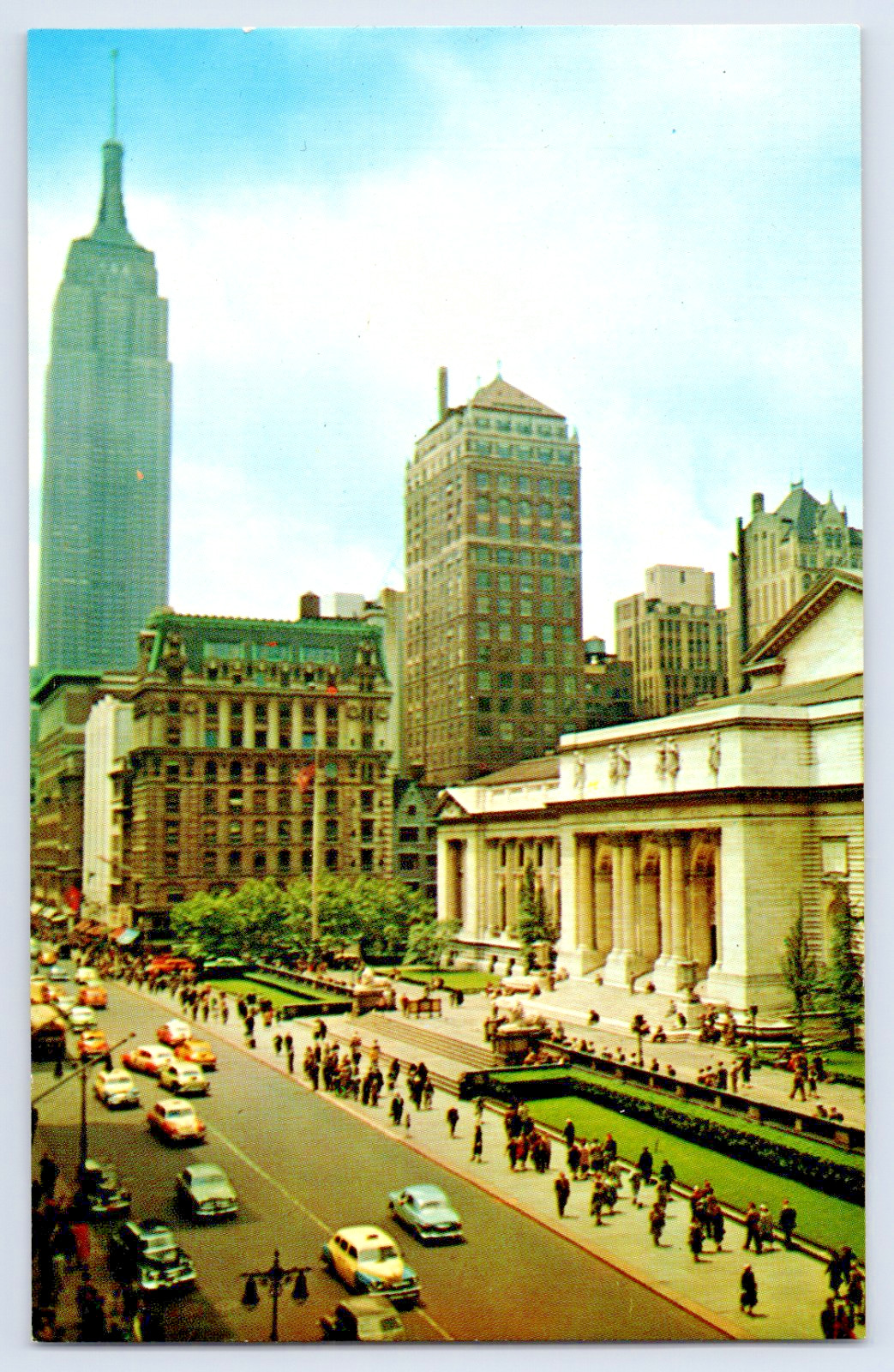 New York City NY Street Scene 5th Ave & 42nd St Library Cars People Vtg Postcard