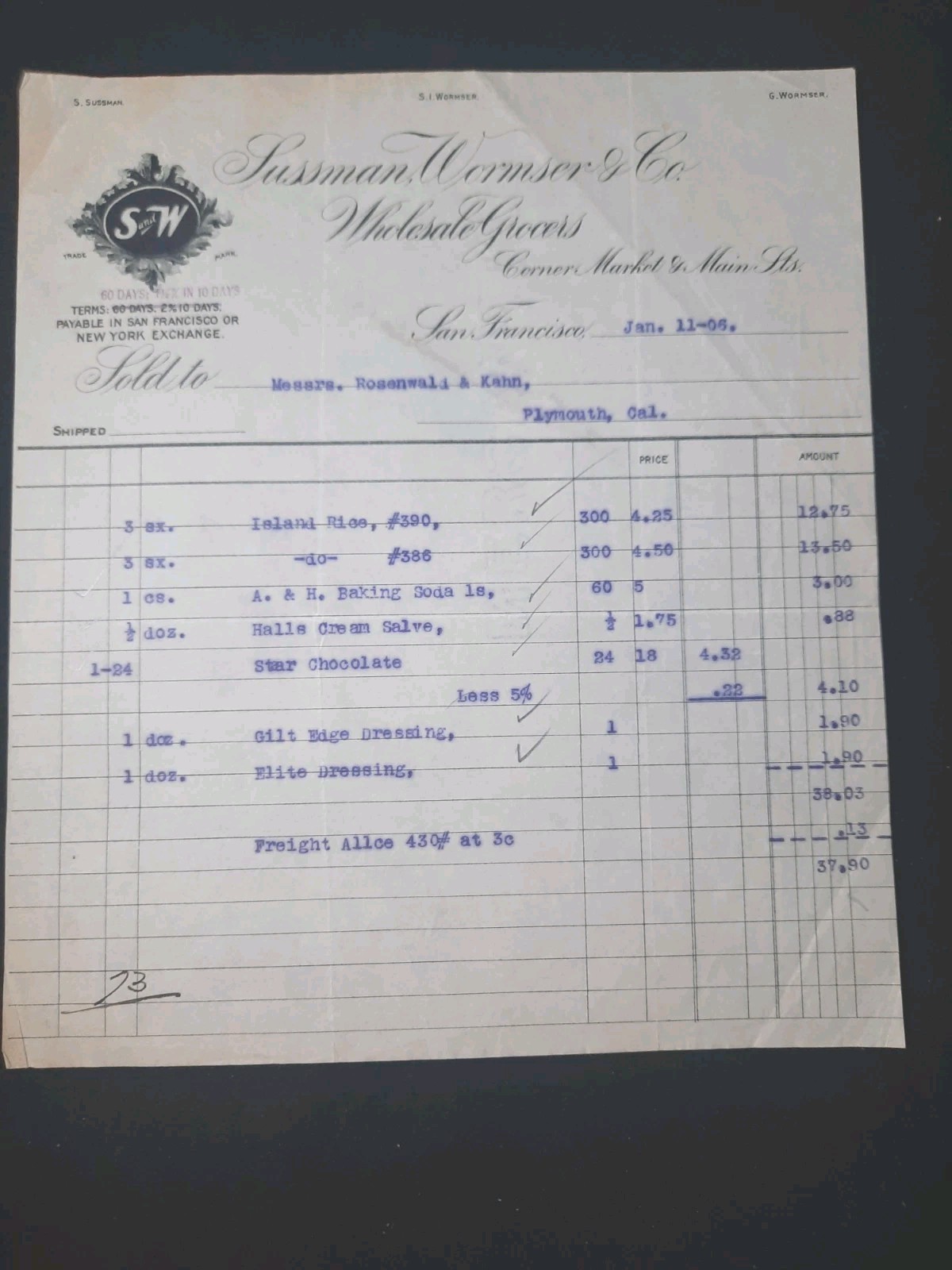 1906 San Francisco Billhead Invoice S&W Foods Sussman Wormser Gold Rush Plymouth 1906 San Francisco Billhead Invoice S&W Foods Sussman Wormser Gold Rush Plymouth