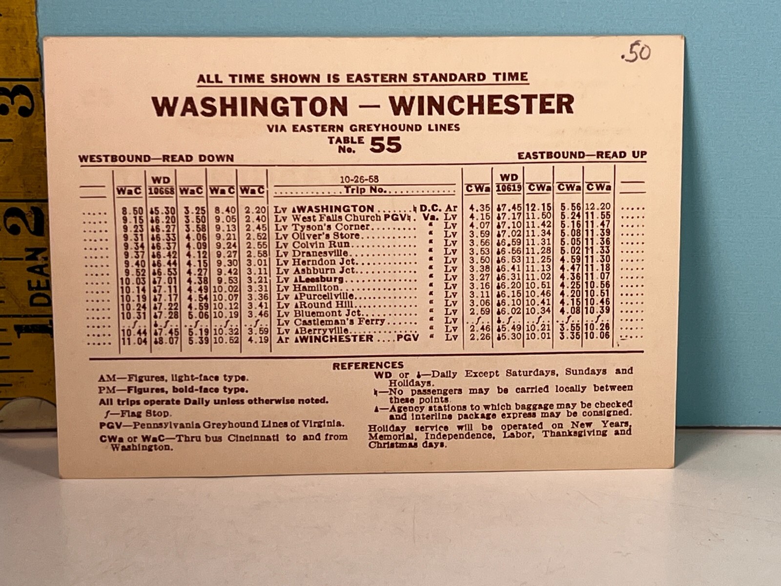 1958 Washington to Winchester Via eastern Greyhound Lines timetable.