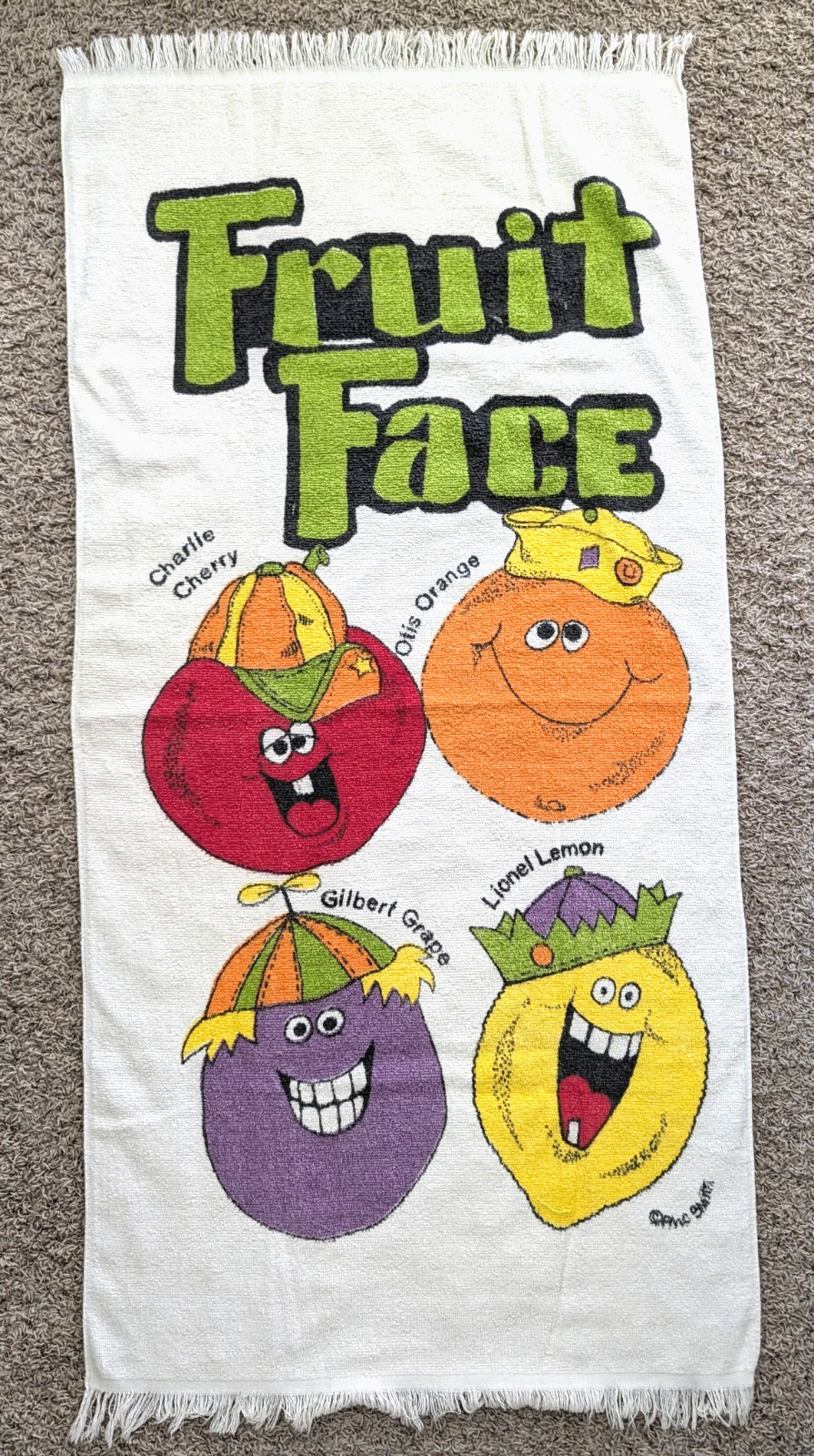 Vintage 1970s Funny Fruit Face Anthropomorphic Beach Towel Signed PMC Smith OOAK