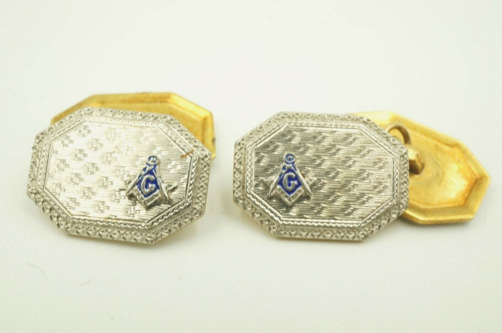Vintage 14k White And Yellow Gold Enamel Masonic Patterned Cufflinks